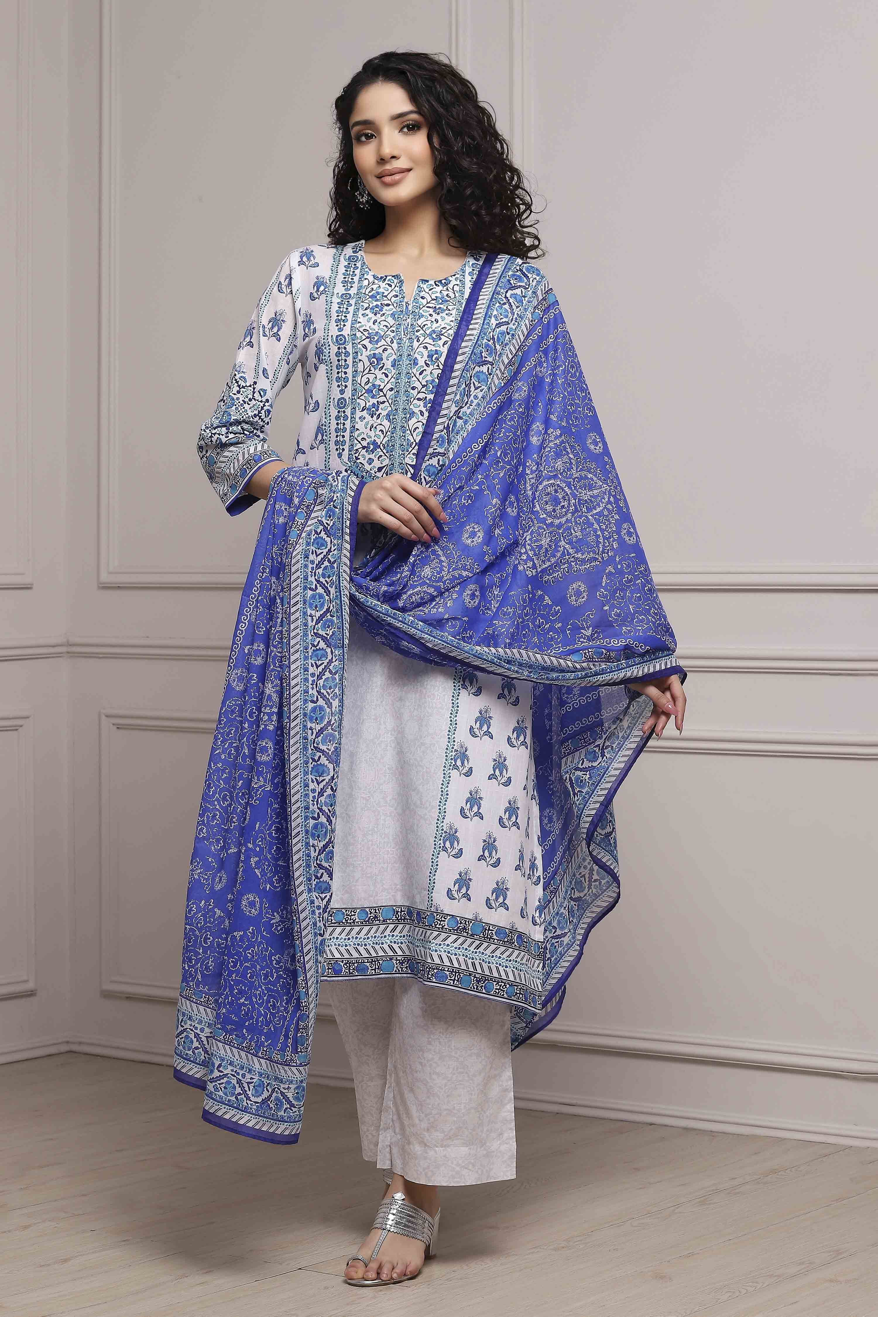Blue Cotton Straight Suit Set image number 6