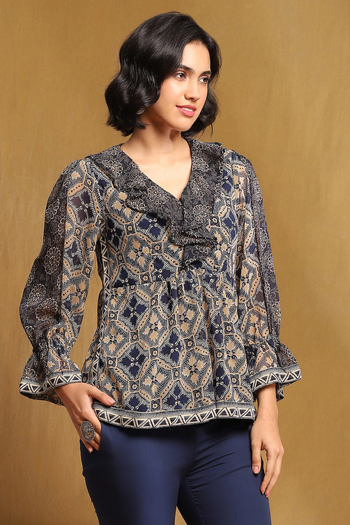 Blue Georgette Printed Gathered Indie Top image number 4