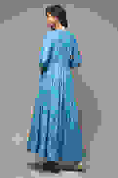 Turquoise Cotton Straight Printed Dress image number 2