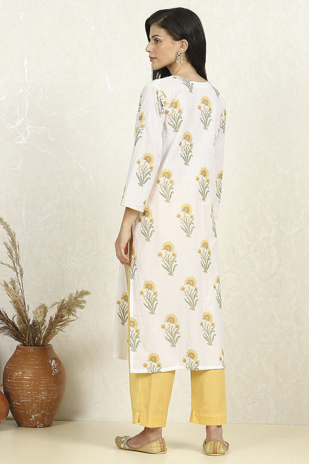 Yellow and White Printed Cotton Unstitched Suit Set image number 5
