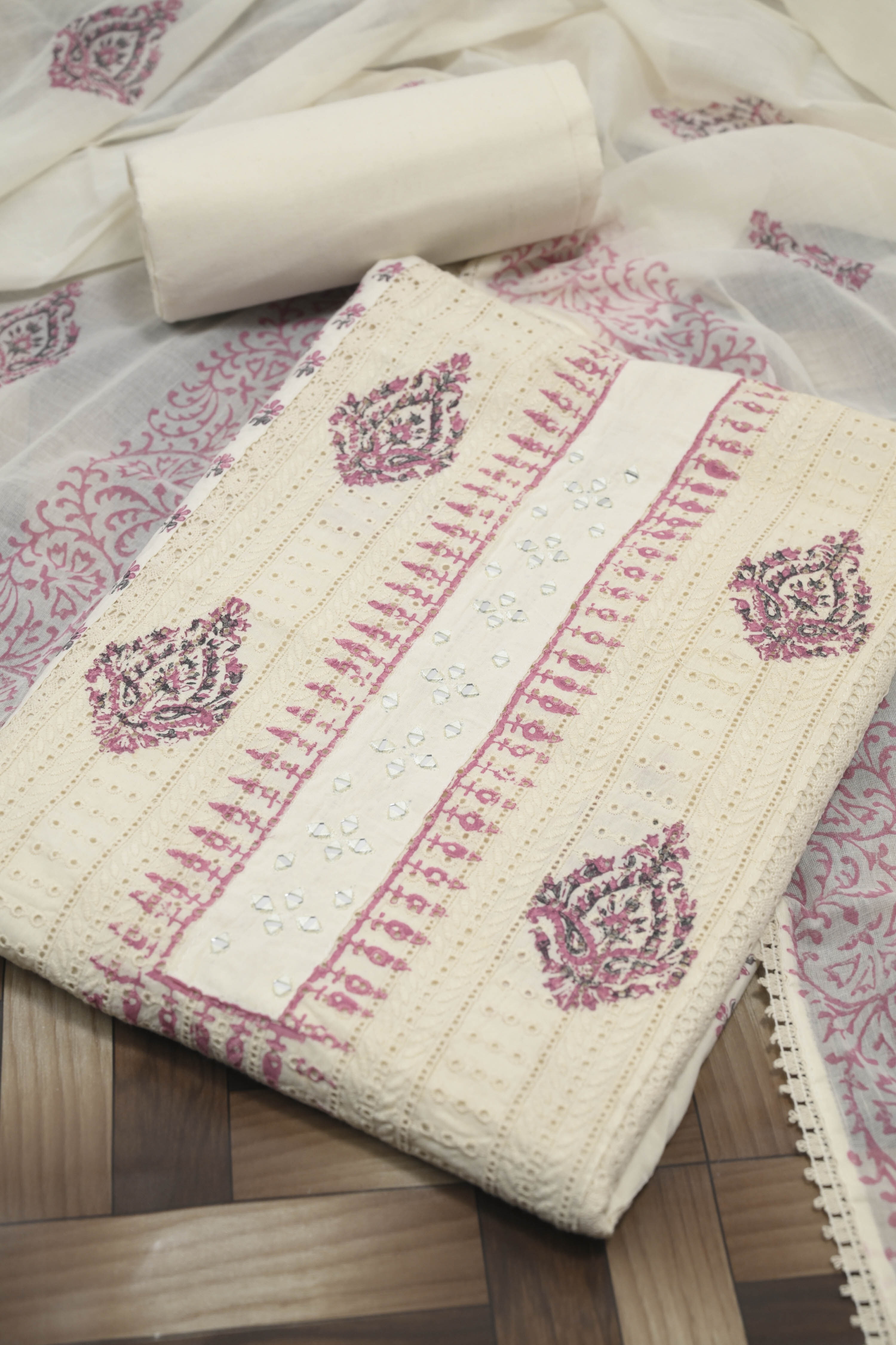 Pink Cotton Viscose Printed Unstitched Suit Set image number 1