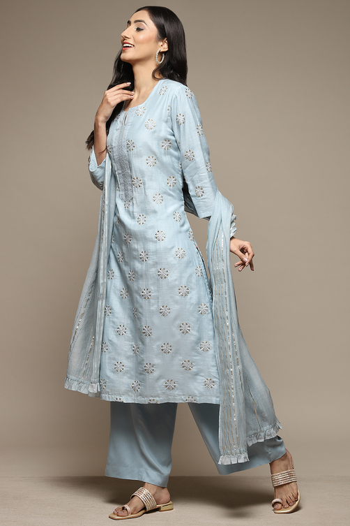 Powder Pink Cotton Blend Straight Kurta Palazzo Suit Set image number 7