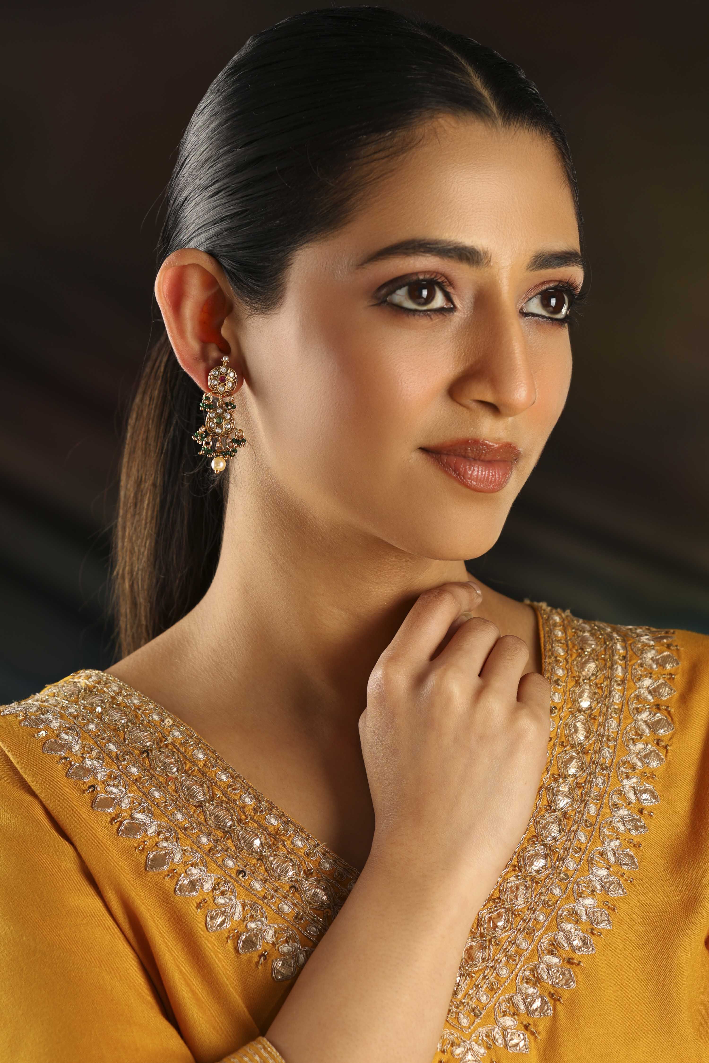 Gold Plated Brass Stone Studded Drop Earrings image number 3