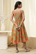 Green Cotton Blend Floral Printed Flared Dress image number 3