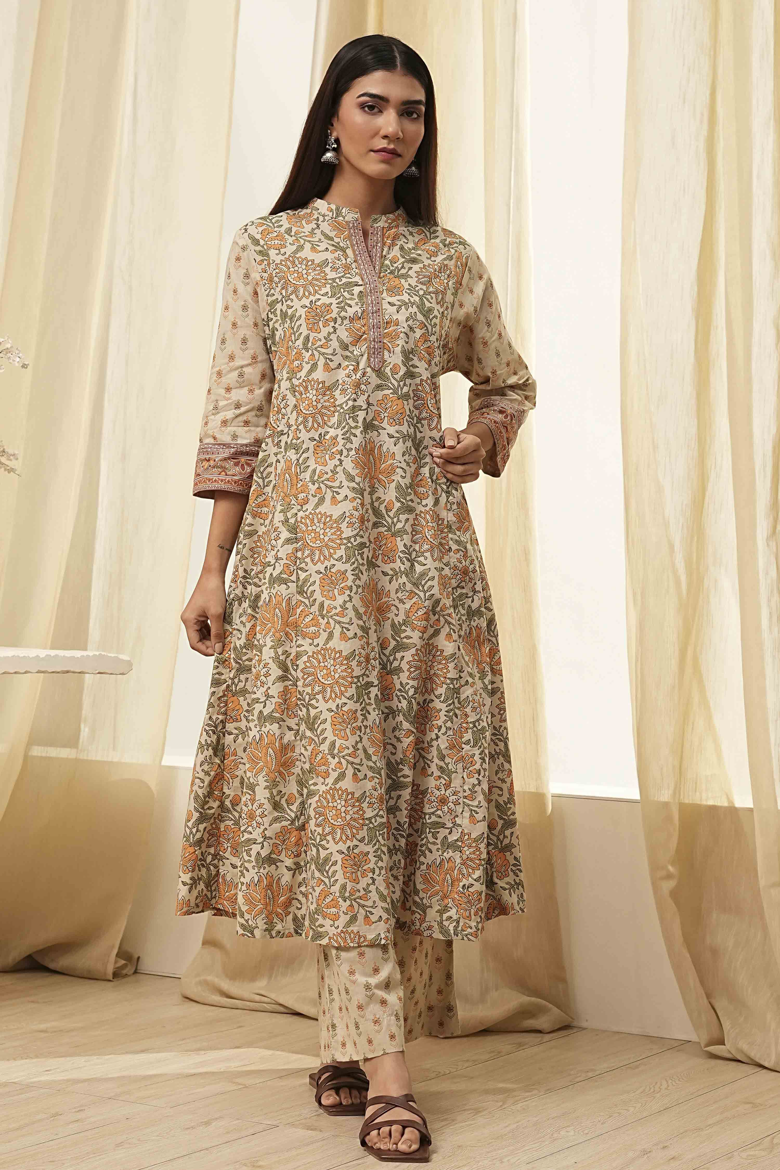 Beige Pure Cotton Floral Kalidar Kurta Set image number 6