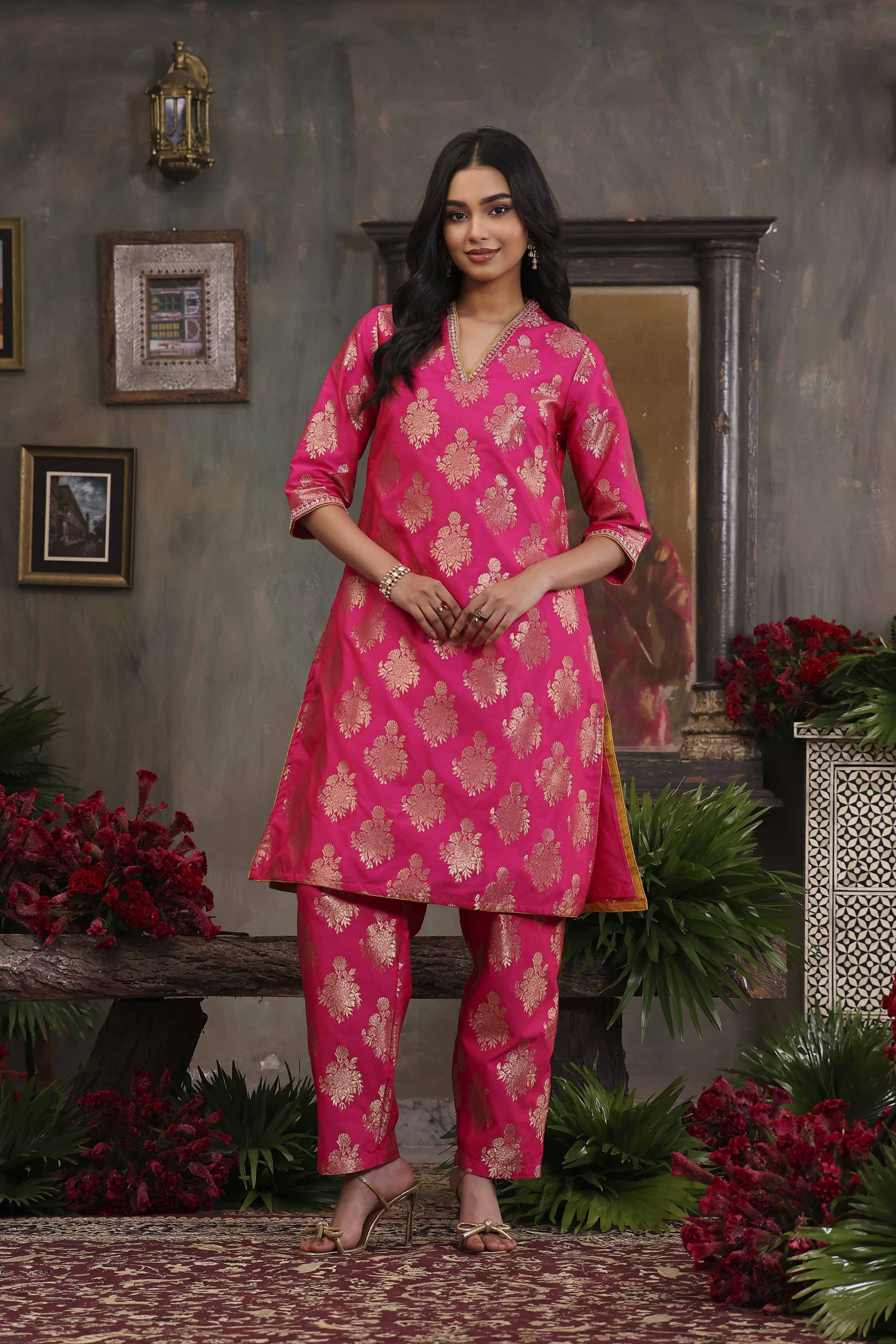 Fuchsia Pink Art Silk Printed Straight Co-ord Set image number 0