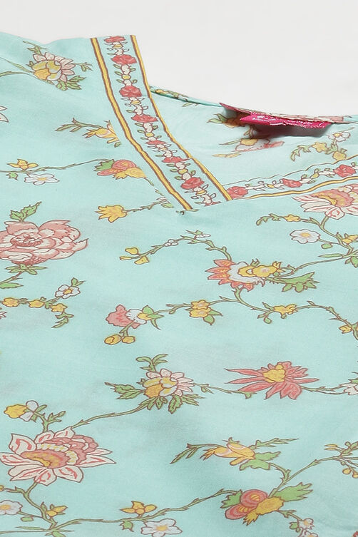 Turquoise Cotton Girls Straight Kurta Sharara Suit Set image number 1
