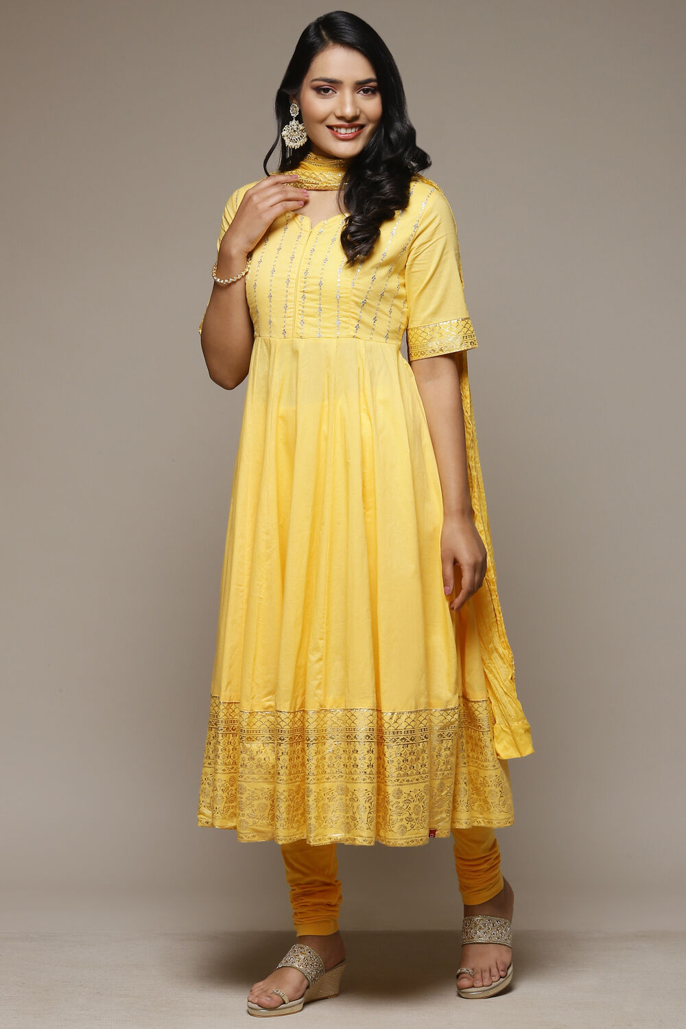 Yellow Cotton Anarkali Suit image number 4
