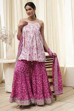 White and Pink Cotton Floral Flared Suit Set image number 0