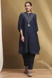 Midnight Blue Solid Festive Straight Kurta Set image number 6