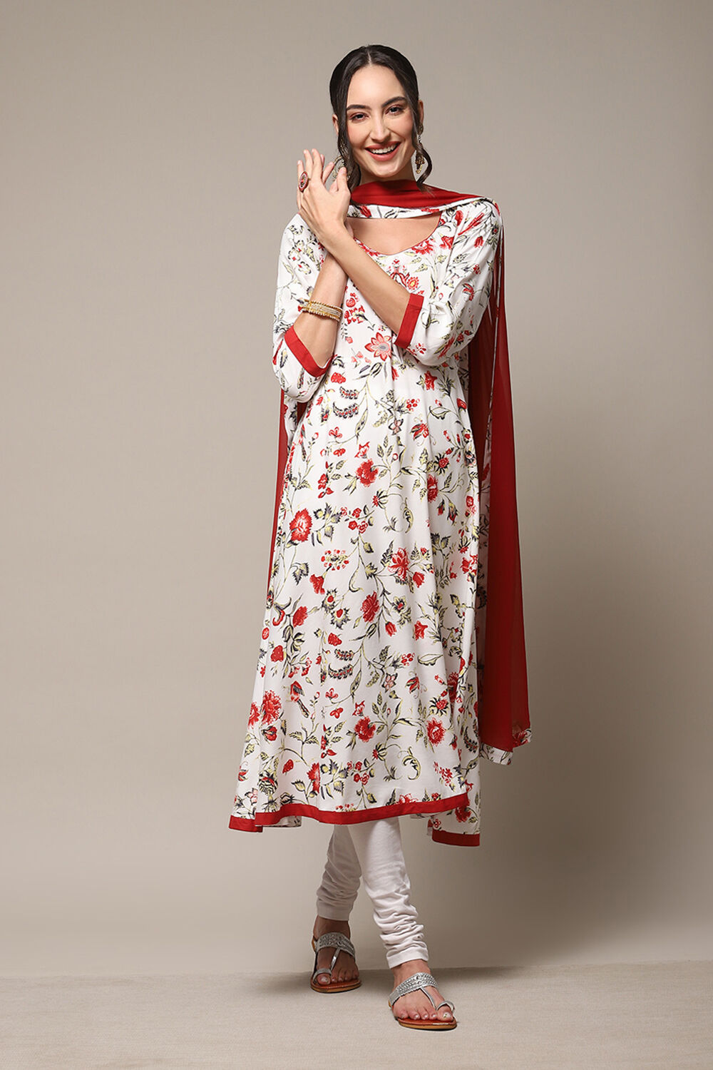 Off White Rayon Anarkali Kurta Churidar Suit Set image number 7