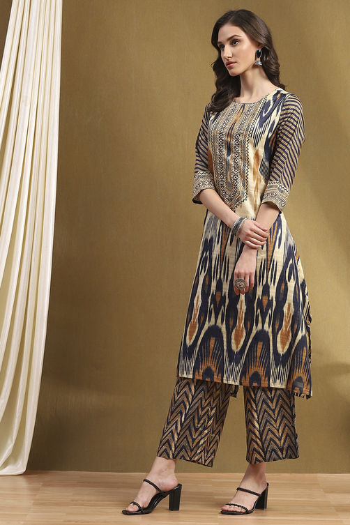 Beige Geometric Printed Asymmetric Kurta Set image number 3