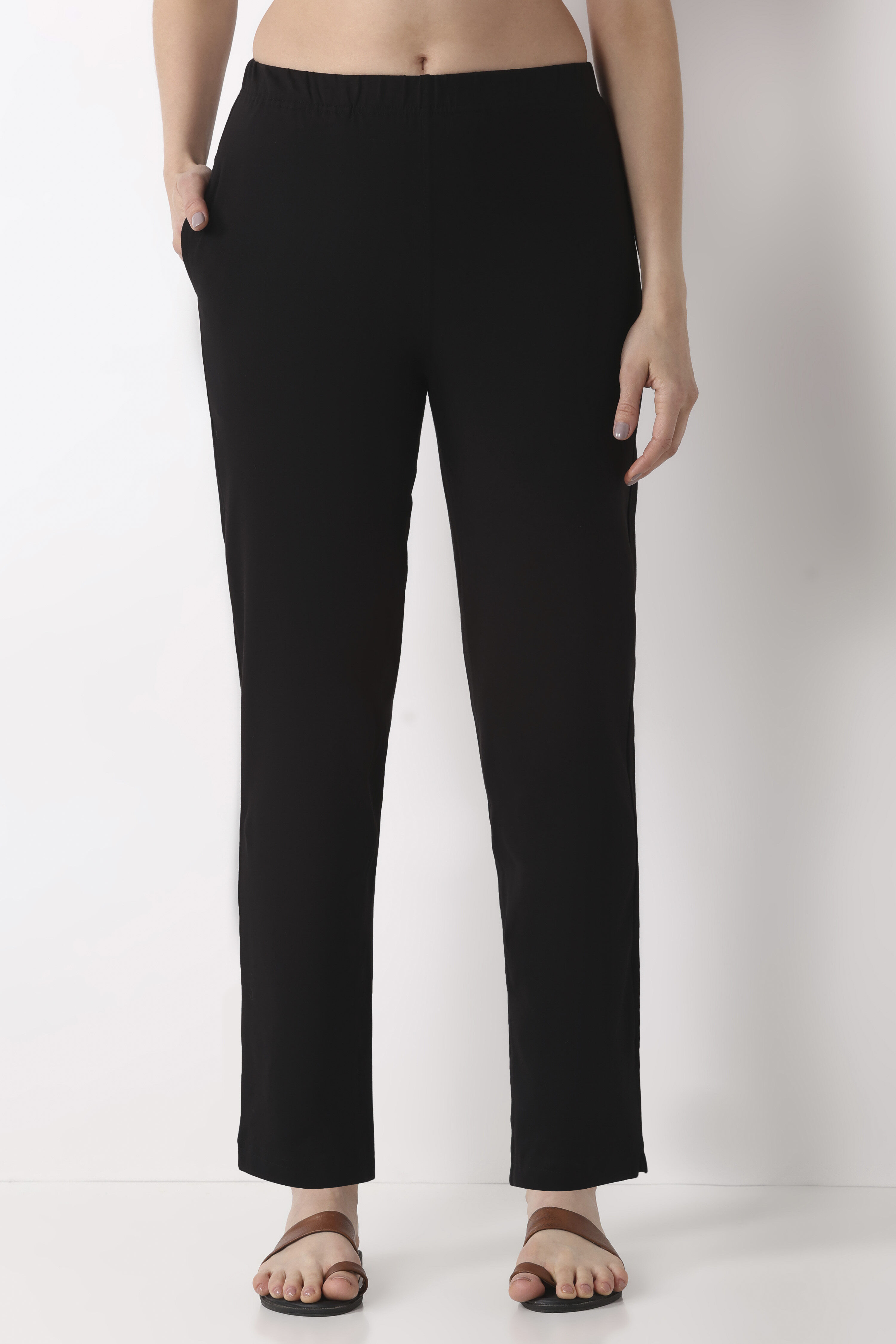 Black Cotton Lycra Fitted Pants image number 4