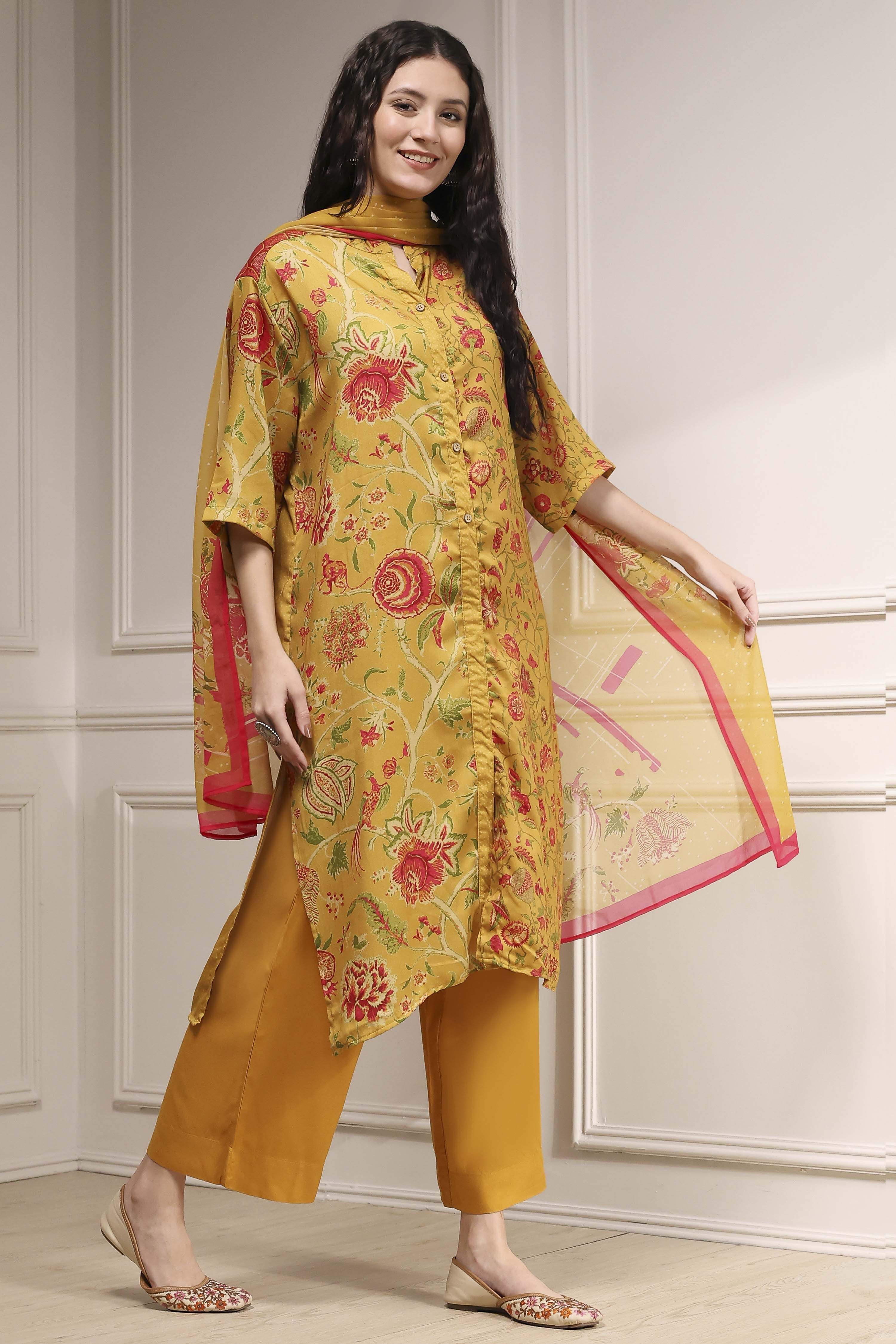 Mustard Yellow Printed Straight Suit Set image number 5