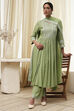 Olive Green Embroidered Gathered Suit Set