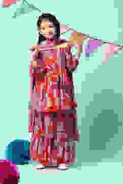 Red Polyester Gathered Printed Kurta Garara Suit Set image number 7