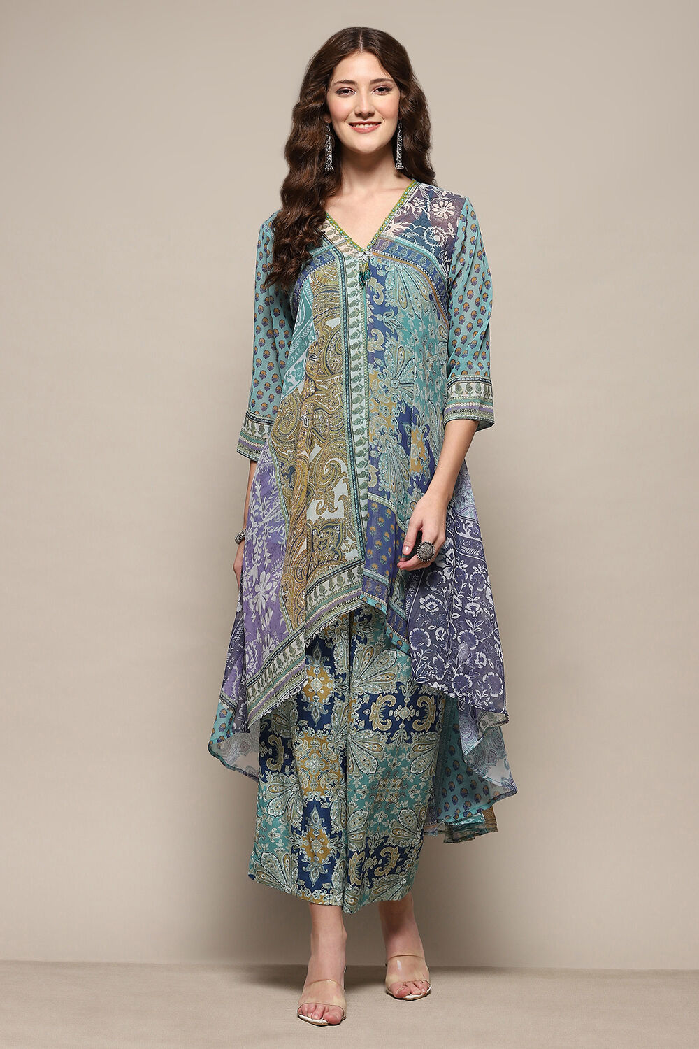 Yellow Printed Asymmetric Kurta & Palazzo Suit Set image number 7