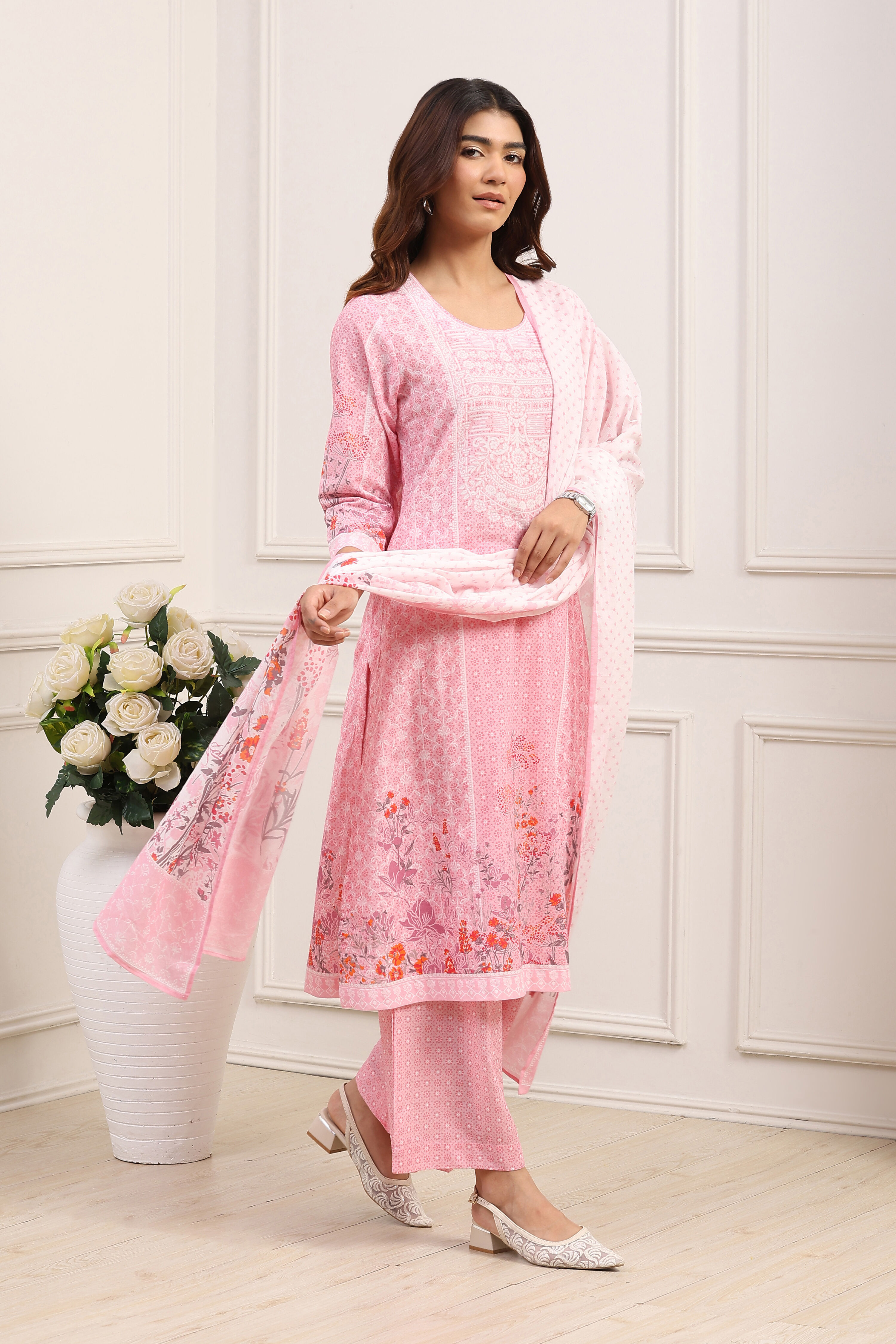 Pink Cotton Straight Kurta Palazzo Suit Set image number 5