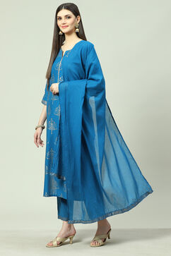 Royal Blue Cotton Straight Kurta Regular Pants Suit Set image number 5