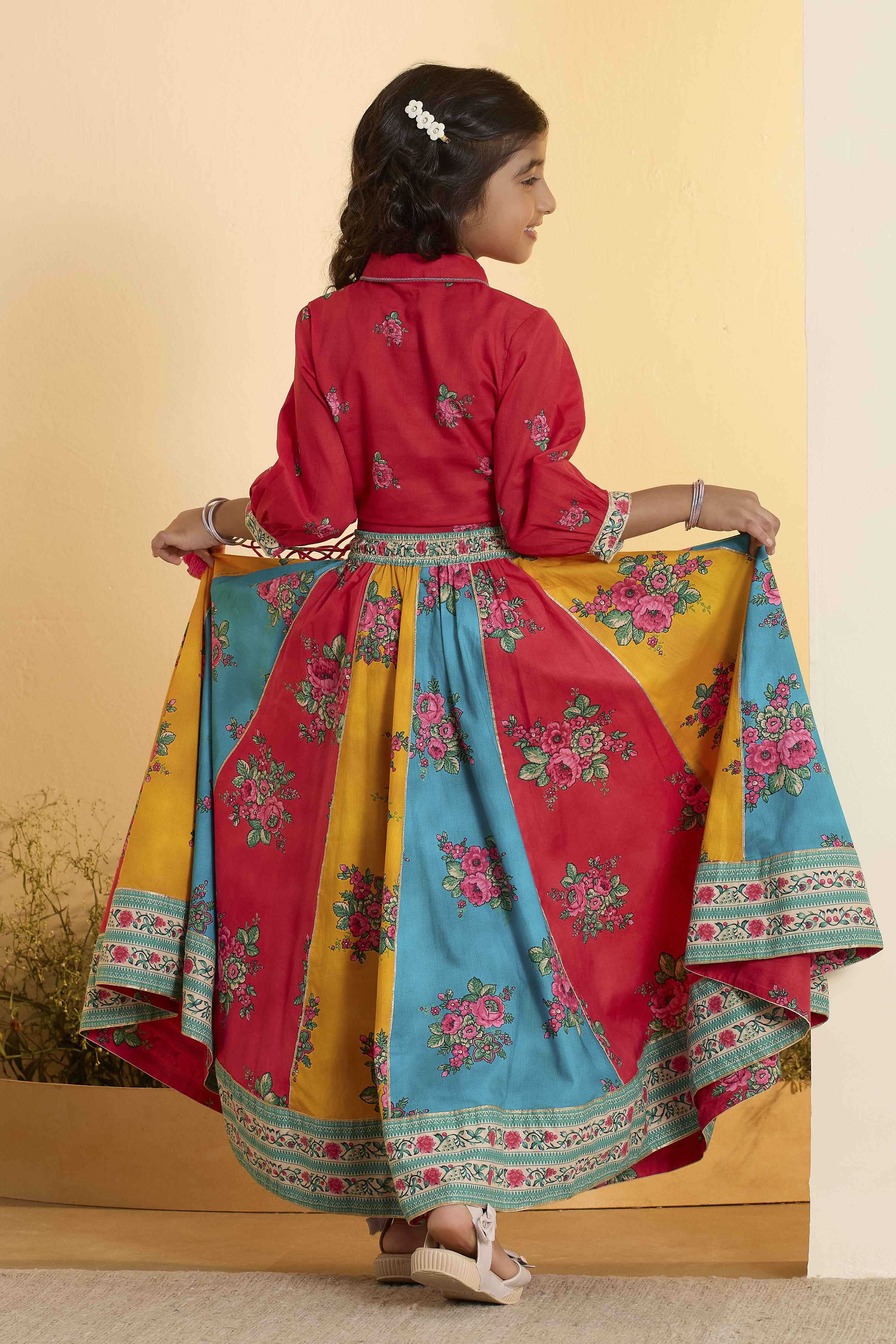 Red Cotton Printed Flared Lehenga Set image number 4