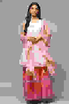 Off White & Peach Cotton Straight Kurta Garara Suit Set image number 6