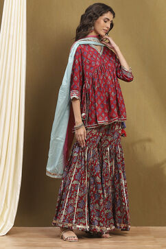 Cherry Red Viscose Blend Floral Peplum Kurta Suit Set image number 5
