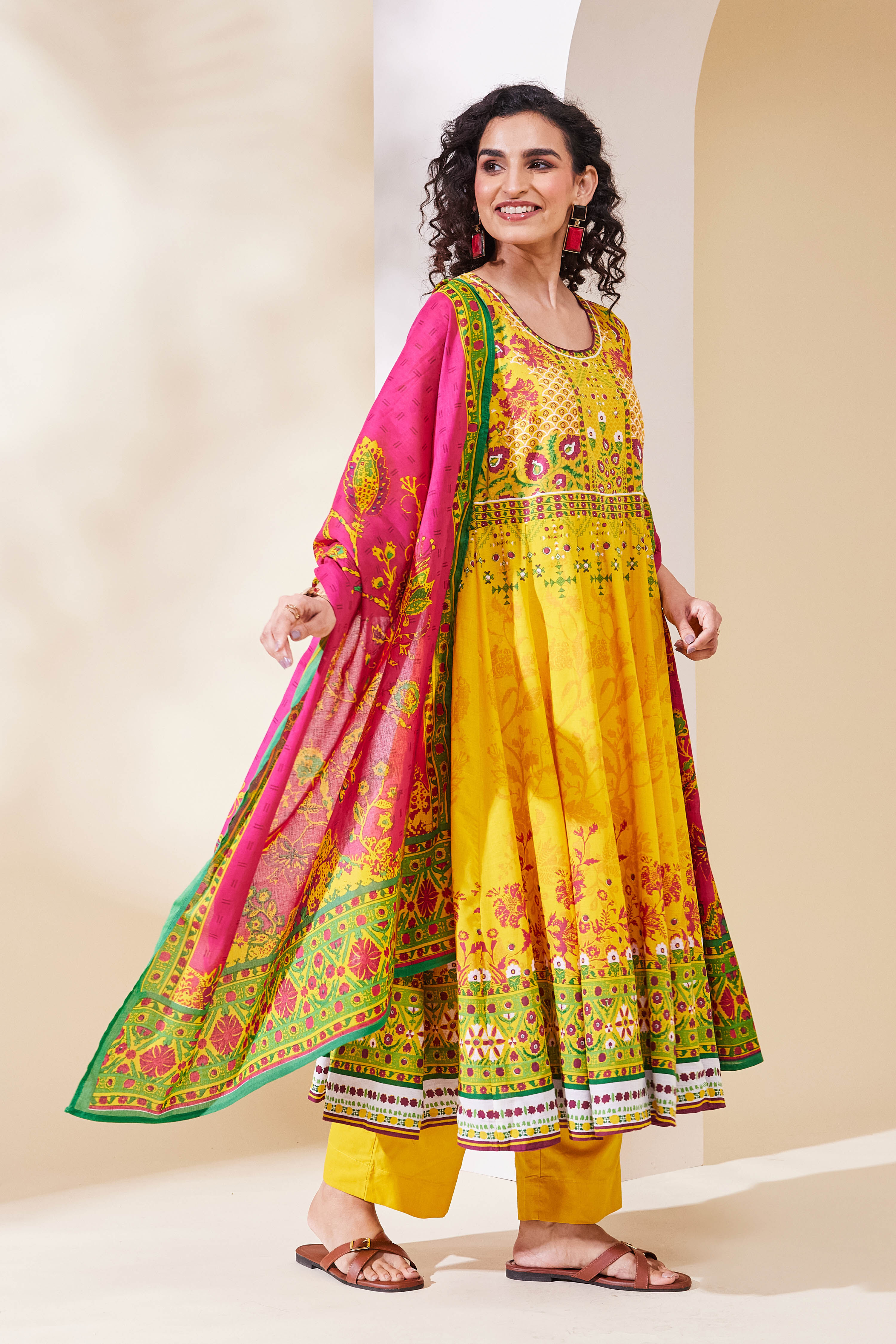 Yellow Cotton Anarkali Suit Set image number 7