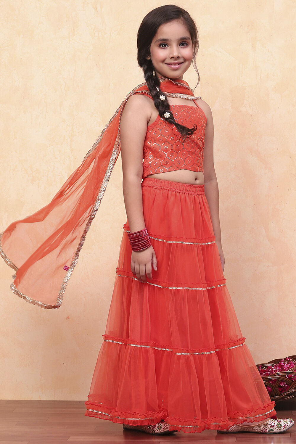 Orange Poly Chanderi Metallic Tiered Flared Lehenga Set image number 5
