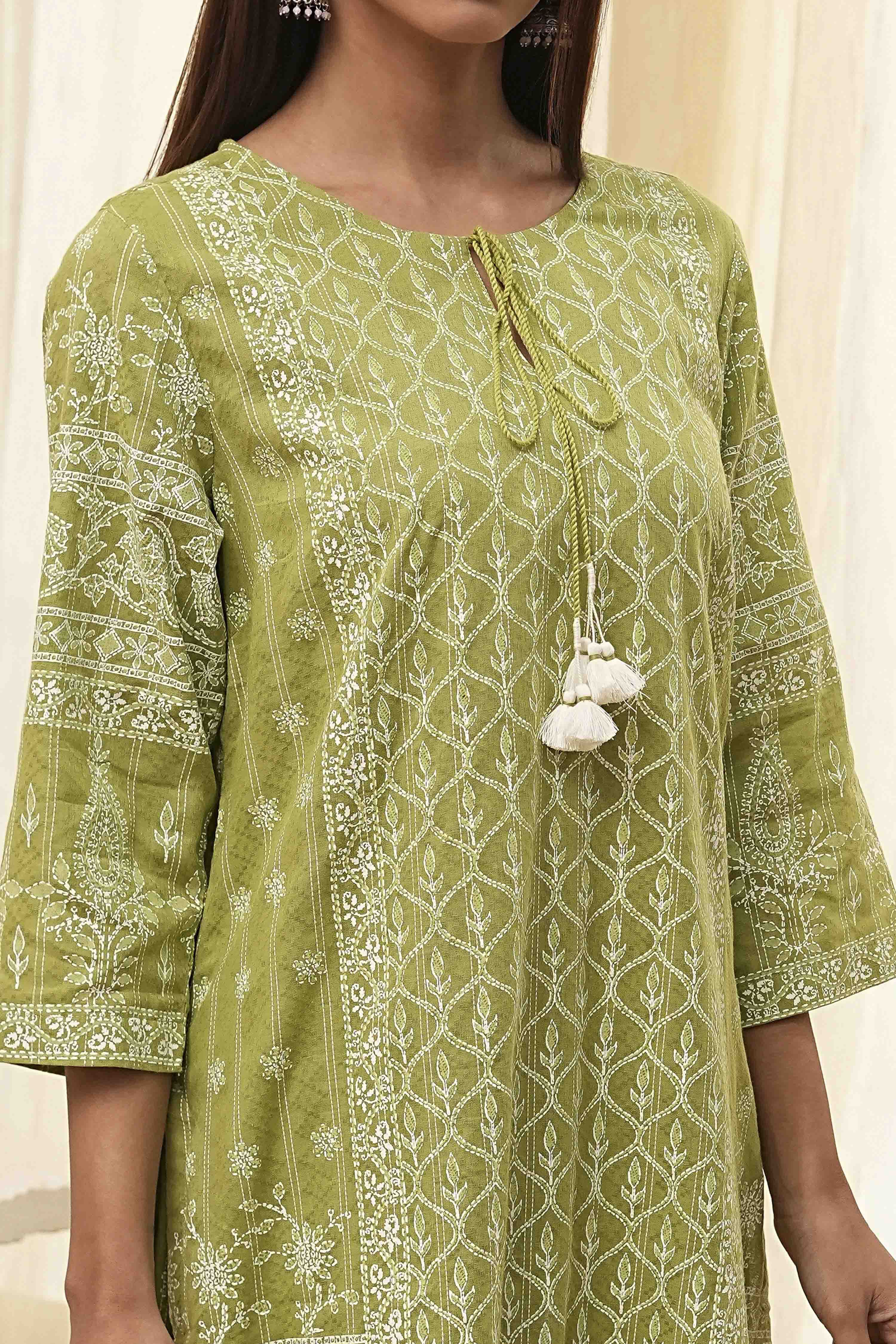 Mehendi Green Cotton Printed Straight Suit Set image number 1