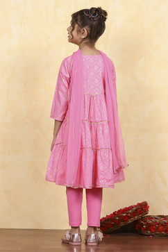 Light Pink Cotton Tiered Printed Kurta Churidar Set image number 4