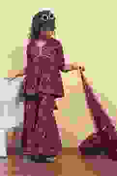 Purple Viscose Rayon Printed Peplum Suit Set image number 7