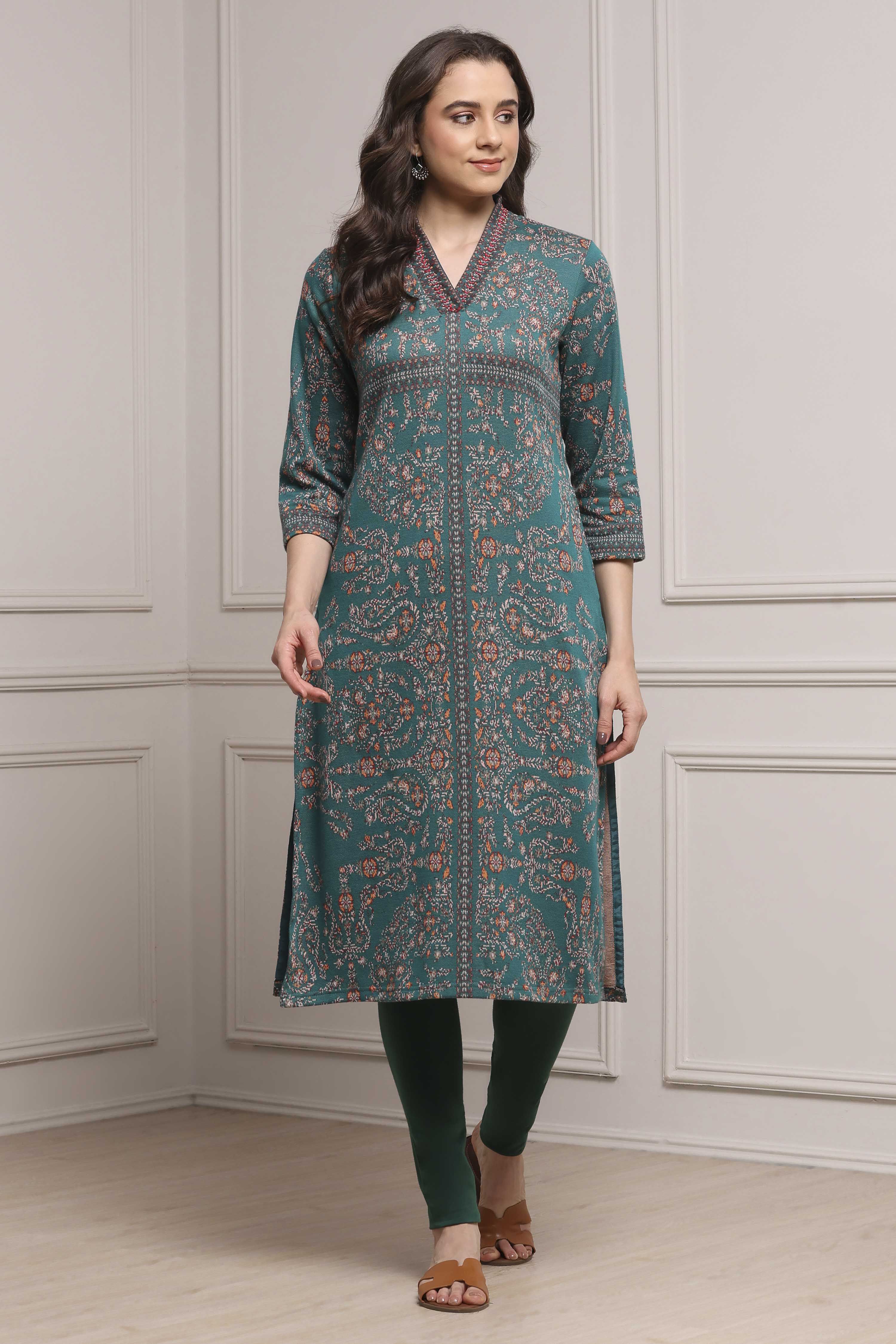 Earthy Green Yarn-Dyed Printed Straight Winter Kurta image number 5