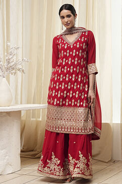 Red Embroidered Straight Suit Set image number 6