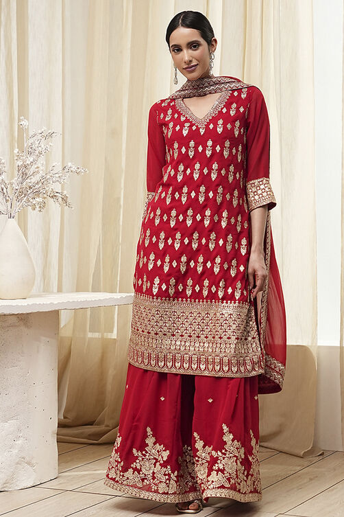 Red Embroidered Straight Suit Set image number 6