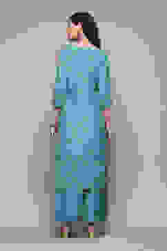 Turquoise Poly Musin Straight Printed Kurta Palazzo Suit Set image number 4