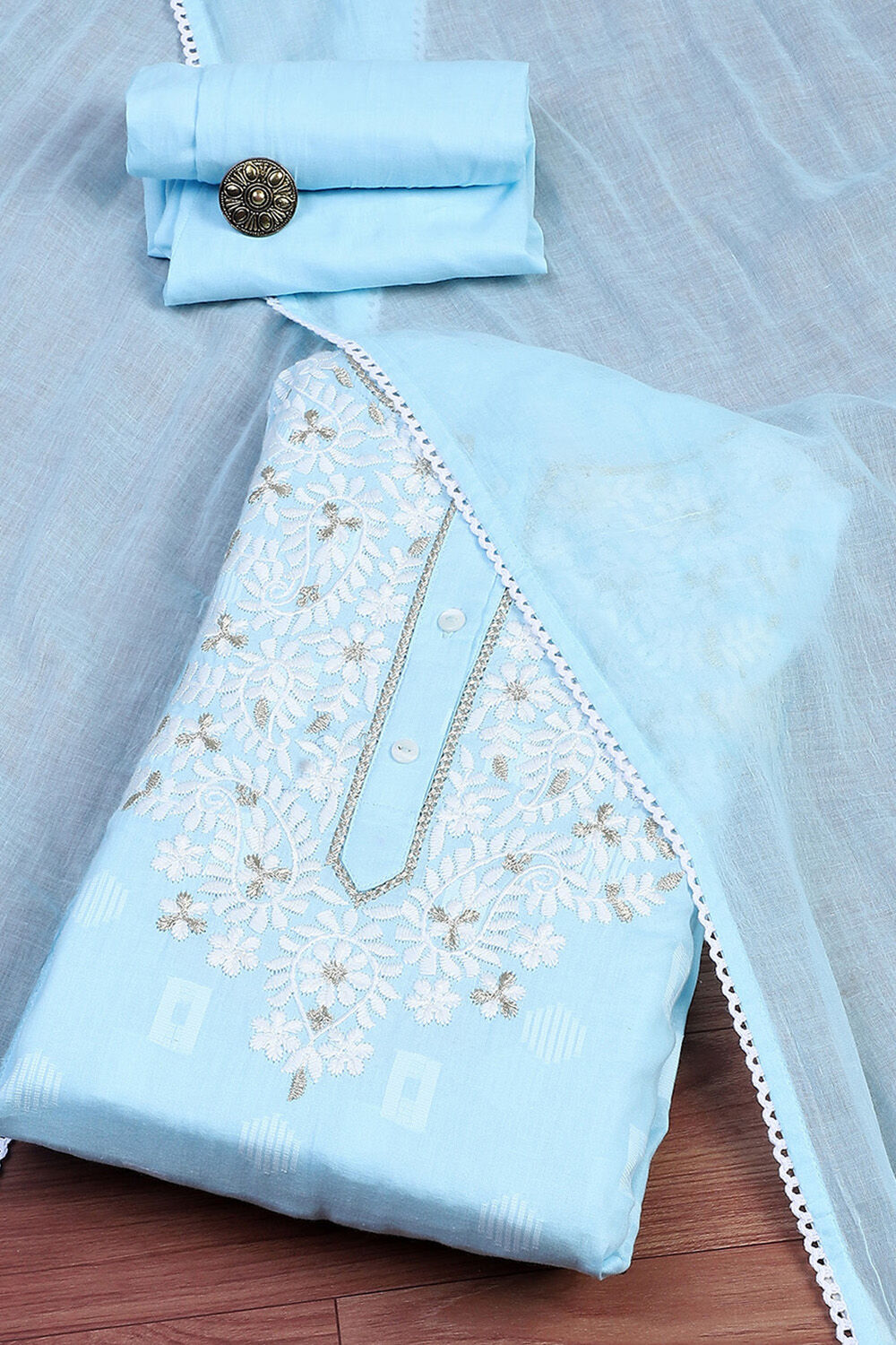 Blue Cotton Handloom Unstitched Suit Set image number 0