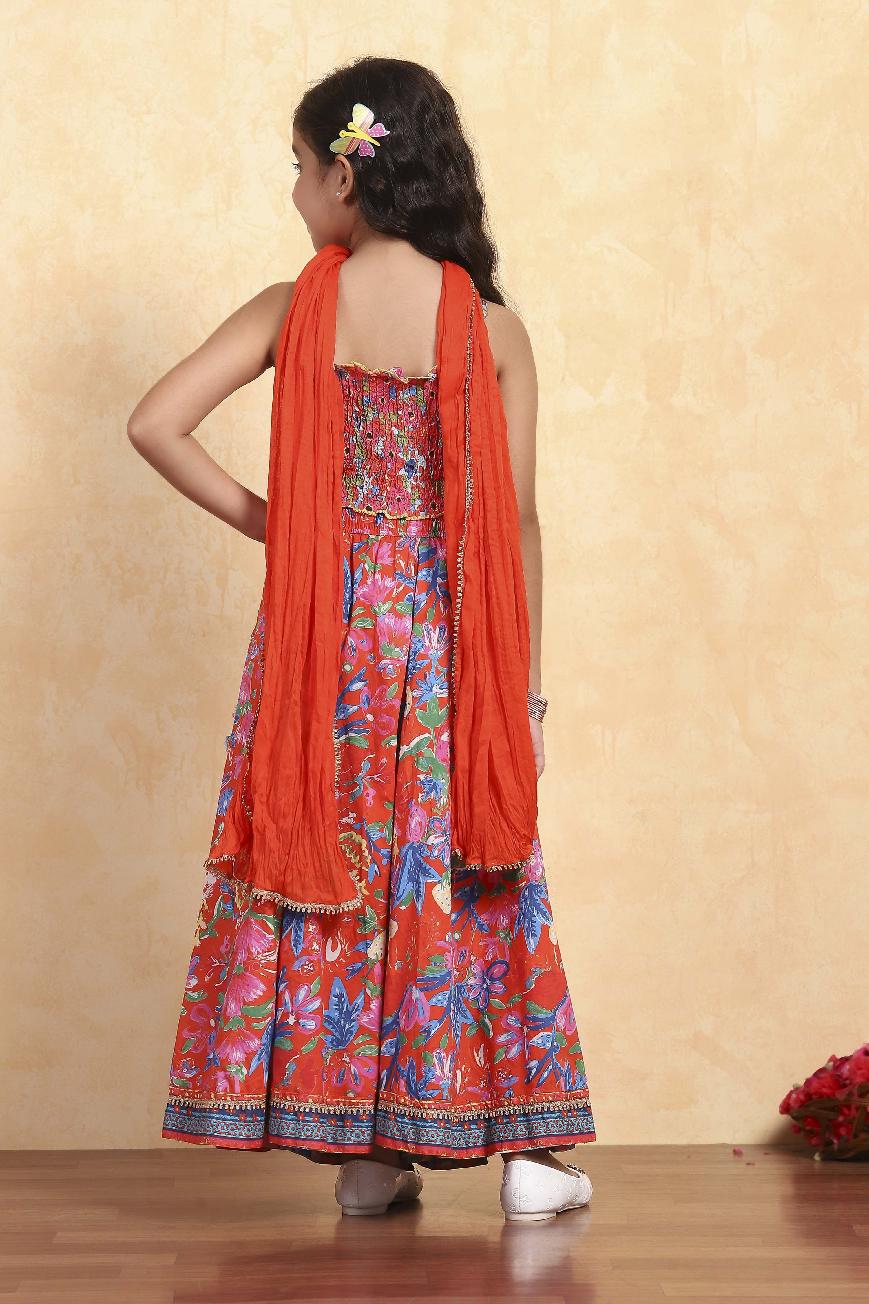 Red Viscose Rayon Flared Printed Lehenga Set image number 4