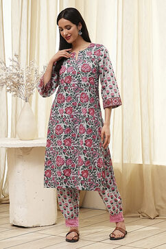 Blue and Pink Cotton Printed Straight Kurta Set image number 6