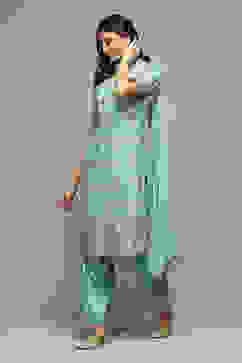 Turquoise Silk Straight Kurta Salwar Suit Set image number 5