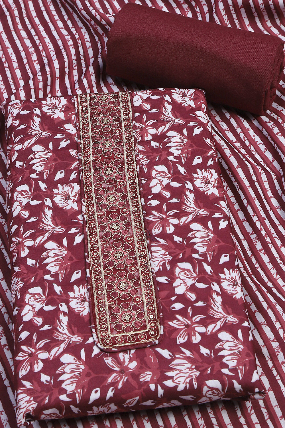 Mustard Green Cotton Printed Unstitched Suit Set image number 1