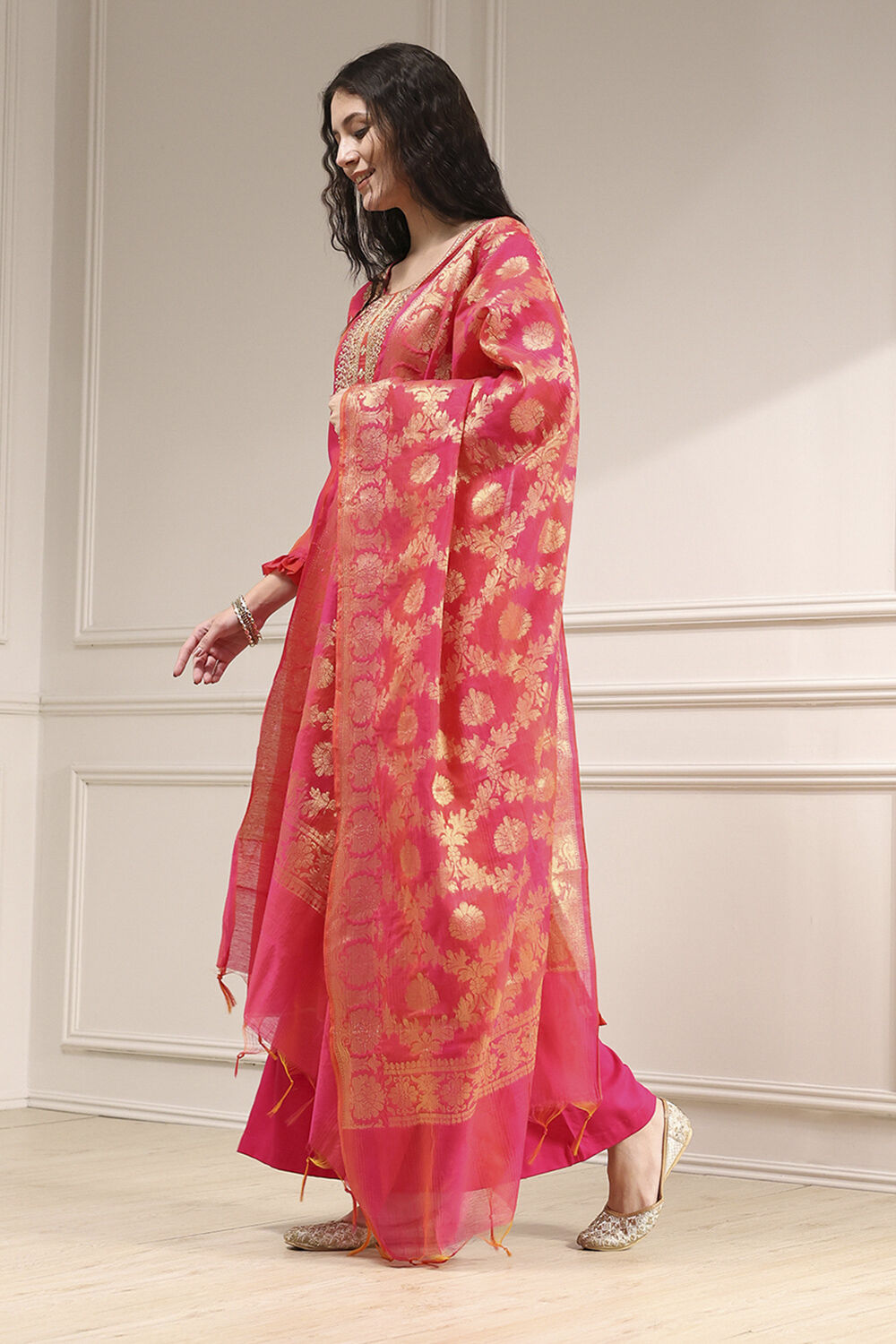 Pink Chanderi Machine Embroidered Unstitched Suit Set image number 4