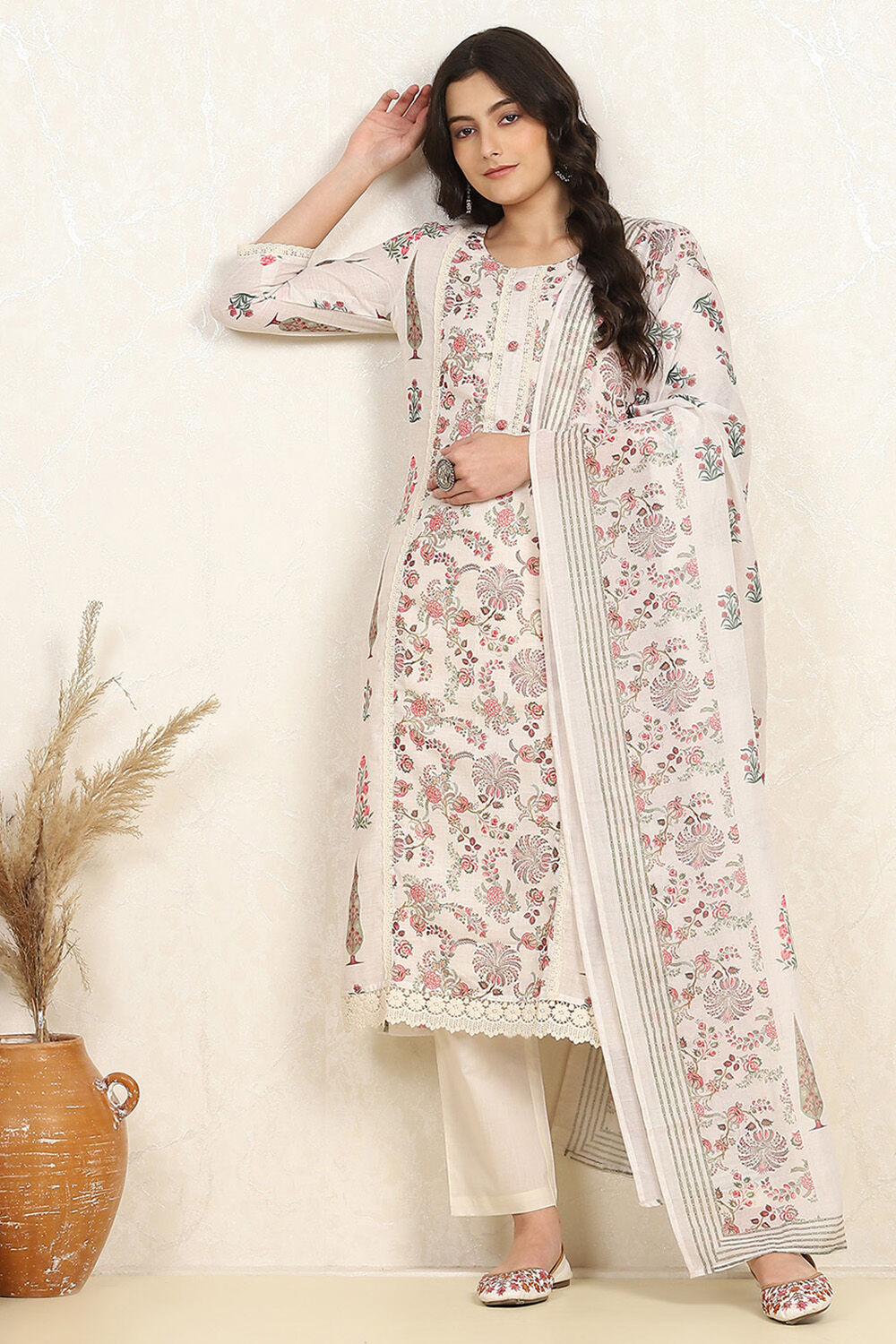 White and Red Cotton Embroidered Unstitched Suit Set image number 1