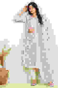 White and Red Cotton Embroidered Unstitched Suit Set image number 1