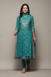 Off White Cotton Layered Printed Kurta Churidar Suit Set image number 7