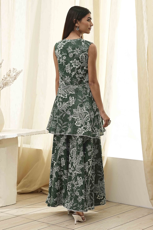 Green Cotton Floral Peplum Suit Set image number 4