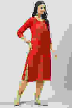 Red LIVA Straight Printed Kurta image number 2