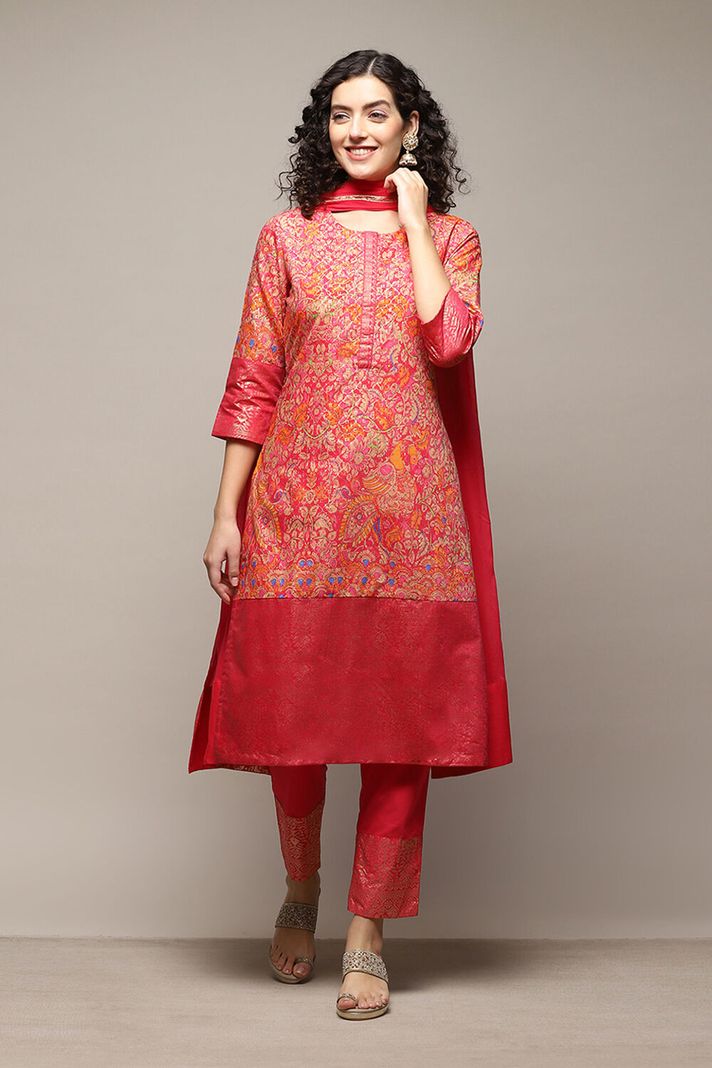 Pink & Purple Voile Straight Printed Kurta Slim Pant Suit Set image number 7