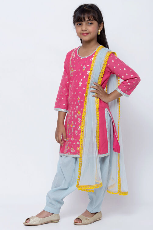 Pink And Blue Cotton Straight Kurta Salwar Suit Set image number 2