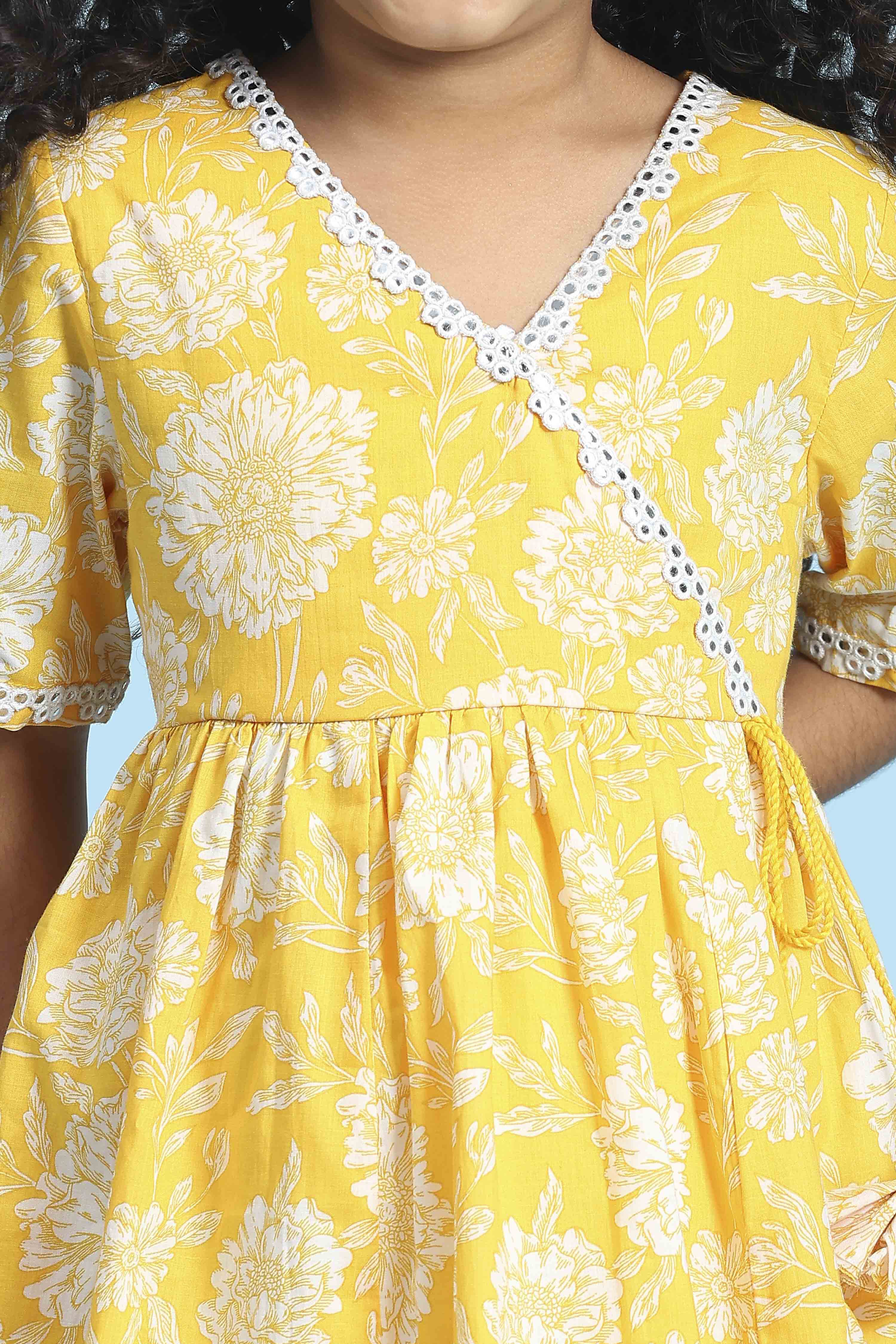 Yellow Cotton Printed Anarkali Suit Set image number 1