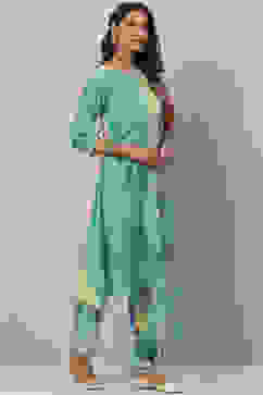 Sea Green And Pale Yellow Poly Viscose Asymmetric Kurta Pant Suit Set image number 6